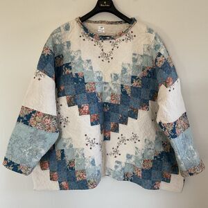 Handmade Vintage Quilt Patchwork Jacket Blue Ivory Floral Oversized Cottagecore